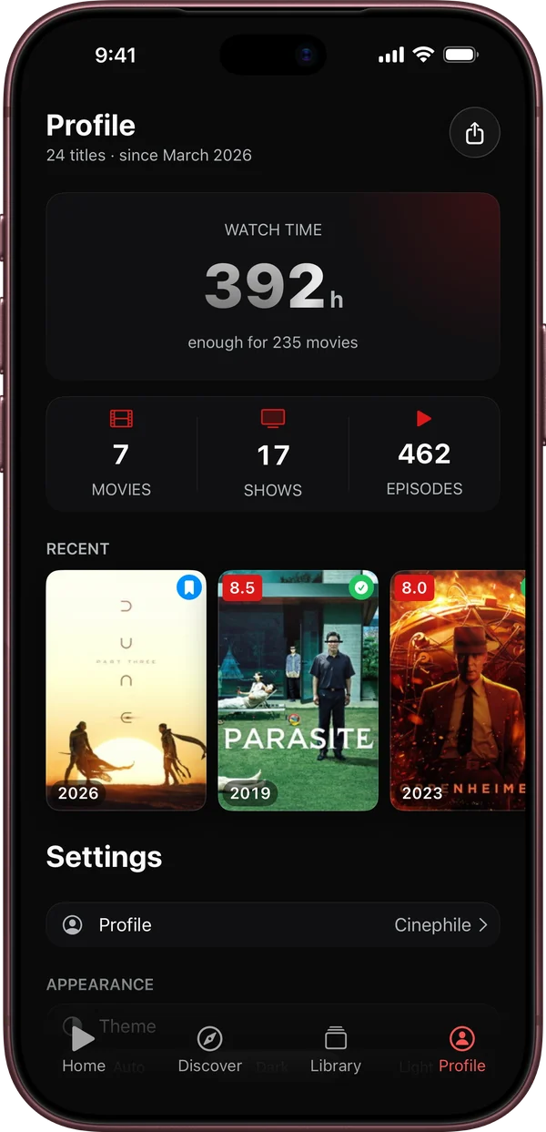 Watchd profile showing hours watched and stats