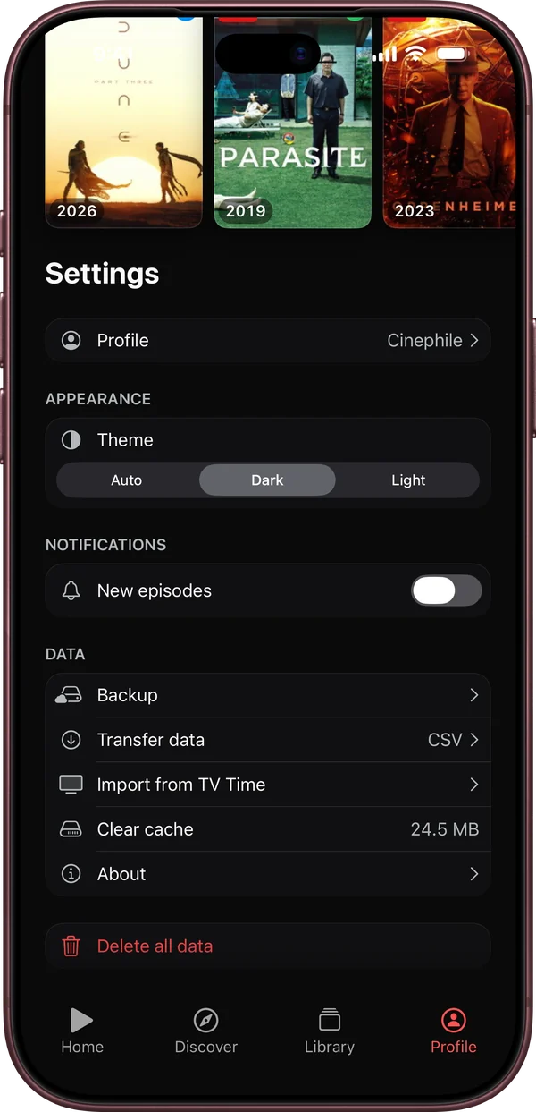 Watchd Profile, “Data” section: the “Import from TV Time” item