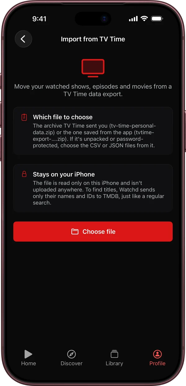 The “Import from TV Time” screen: which file to choose and the “Choose file” button
