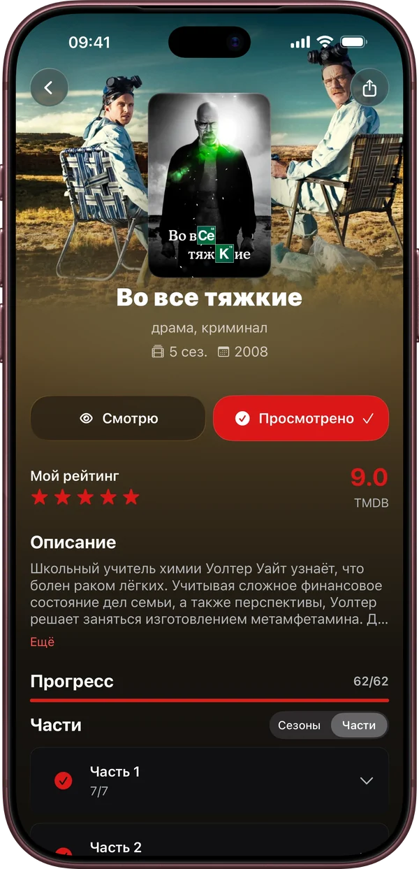 Страница сериала в Watchd: оценка, описание и прогресс по сезонам